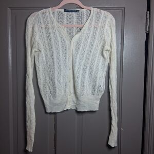 Vintage Ralph Lauren 100% Linen Lace Knit Cardigan Ivory Quiet Luxury Dainty SP